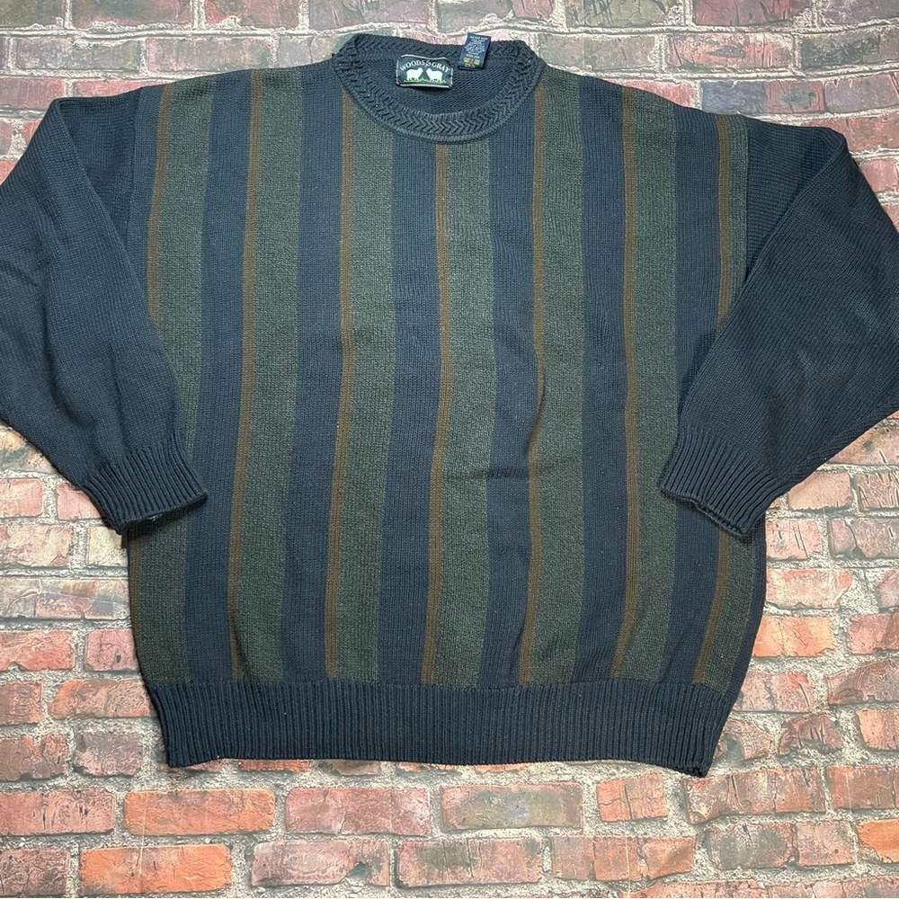 Vintage Woods & Gray Cable Knit Sweater Green Blue Stripe Men’s Size XL 90s